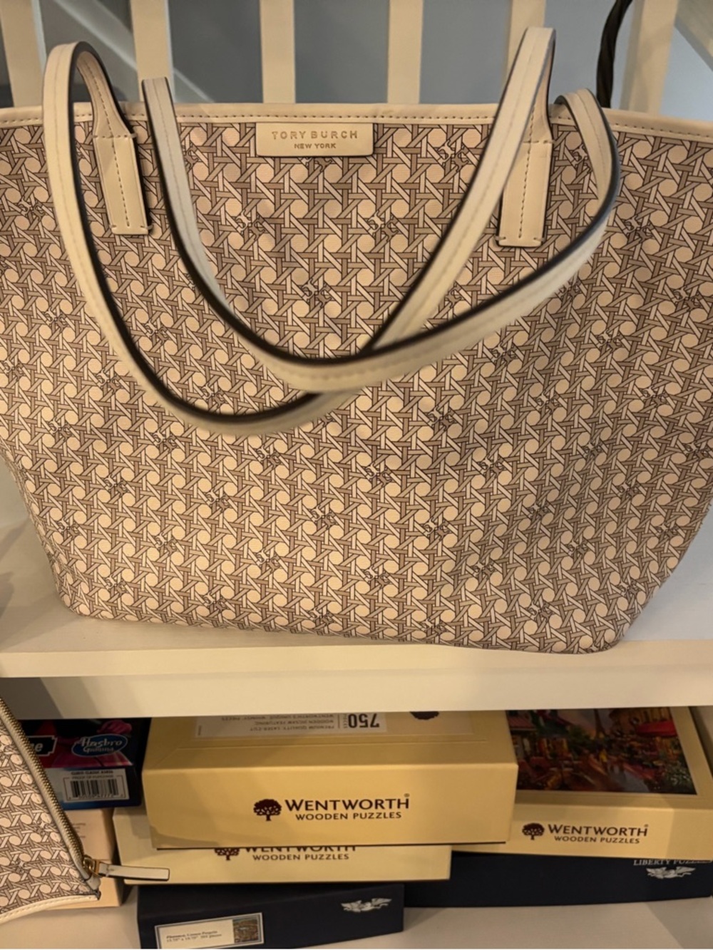 Tory Burch Beige Patterned Tote with Double Straps